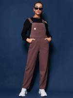  Sleeveless Coffee Brown Preppy Women Denim Overalls  Jumpsuits 1034