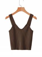 Casual Slim Fit Sleeveless Coffee Brown Women Knit Tops 6239