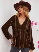 Coffee Brown Boho V neck Regular Fit Women Clothing 3029