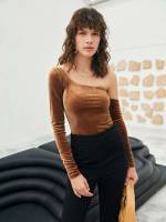  Coffee Brown Asymmetrical Neck Women Clothing 6606