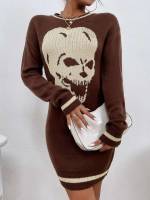 Long Sleeve Short Coffee Brown Contrast Binding Women Sweater Dresses 187