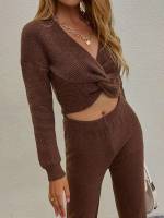  Plain Long Sleeve Coffee Brown Women Sweater Co-ords 5568