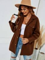  Long Sleeve Plain Coffee Brown Women Overcoats 3456