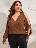 Regular Cold Shoulder Coffee Brown Plain Plus Size Knitwear 4678