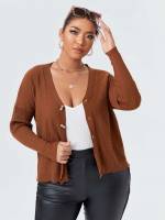 Rib-Knit Casual Regular Fit Regular Plus Size Cardigans 3262