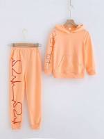 Pocket Long Sleeve Coral Orange Hooded Girls Two-piece Outfits 290