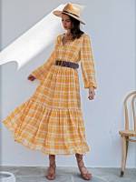  Plaid Coral Orange Ruffle Hem Women Clothing 3107