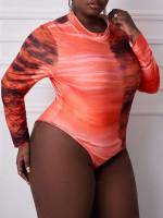 Coral Orange Stand Collar Casual Plus Size Bodysuits 1489