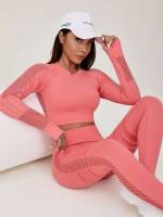  Coral Pink Round Neck Long Sleeve Women Activewear 2574