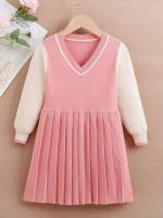 Regular Fit Preppy Colorblock Long Sleeve Toddler Girls Clothing 9383