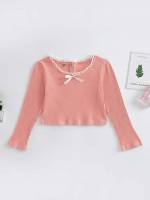 Long Sleeve Round Neck Bow Coral Pink Toddler Girl T-Shirts 3387