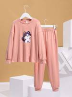 Cute Coral Pink Long Sleeve Kids Underwear  Sleepwear 595