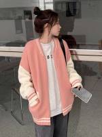  Long Sleeve Baseball Collar Coral Pink Women Cardigans 2243