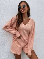 Casual V neck Long Sleeve Coral Pink Women Sweater Co-ords 8680