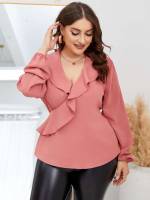 Regular Casual Regular Fit Coral Pink Plus Size Blouses 457