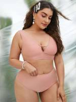  Coral Pink Cute Plain Plus Size Beachwear 249