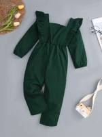 Dark Green Long Plain Long Sleeve Toddler Girl Jumpsuits 7228