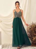 Dark Green Regular Fit Sleeveless Spaghetti Strap Weddings  Events 8092