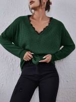 V neck Dark Green Long Sleeve Regular Women T-Shirts 77