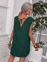 Regular Fit Scallop Dark Green V neck Women Clothing 9967