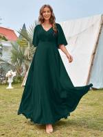 Plicated V neck Half Sleeve Women Dresses 3182