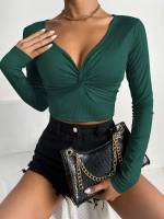 Slim Fit Crop Plain Dark Green Women Clothing 2751