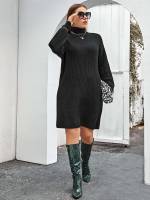 High Neck Regular Fit Dark Green Plain Plus Size Sweater Dresses 6683