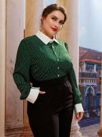 Regular Fit Contrast Collar Regular Dark Green Plus Size Tops 7723