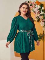  Long Sleeve V neck Dark Green Plus Size Tops 4563