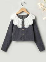 Contrast Collar Plain Dark Grey Regular Fit Girls Clothing 7040