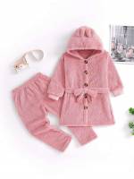  Hooded Dark Grey Plain Toddler Girl Two-piece Outfits 9121