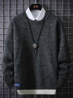 Dark Grey V neck Long Sleeve Plain Men Knitwear 6823