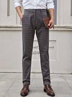 Dark Grey Plaid Long Men Suit Pants 3367