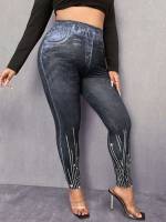 Long Graphic Dark Grey Plus Size Leggings 3664