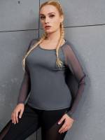 Contrast Mesh Long Sleeve Regular Women Plus Activewear 3883