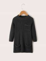 Dark Grey Regular Fit Long Sleeve Pocket Toddler Girl Sweater Dresses 256