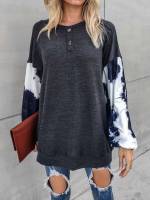 Round Neck Button Casual Dark Grey Women T-Shirts 3979