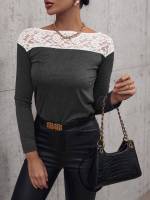 Dark Grey Colorblock Contrast Lace Long Sleeve Women Clothing 271