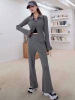 Dark Grey Button Front Elegant Women Knitwear 4406