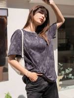 Short Sleeve Dark Grey Tie Dye Women Tops, Blouses  Tee 9164