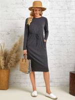 Casual Round Neck Long Sleeve Knot Women Dresses 5797