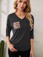 Casual Long Sleeve Patched Dark Grey Women T-Shirts 9299