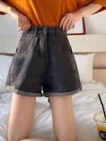 Regular Fit Dark Grey Women Denim Shorts 9348