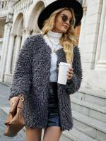 Short Dark Grey Plain Women Faux Fur Coats 2980