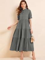 Short Sleeve Casual Long Dark Grey Women Dresses 2293