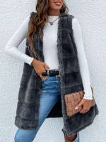  Dark Grey Plain Regular Fit Women Faux Fur Coats 2803