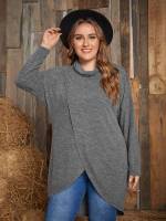 Asymmetrical Long Sleeve Plain Dark Grey Plus Size T-shirts 2954