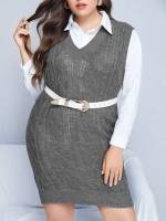  Knee Length V neck Plus Size Sweater Dresses 3347