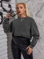 Casual Regular Fit Dark Grey Crop Women Plus Clothing 3783