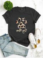 Casual Regular Fit Leopard Short Sleeve Plus Size T-shirts 9103